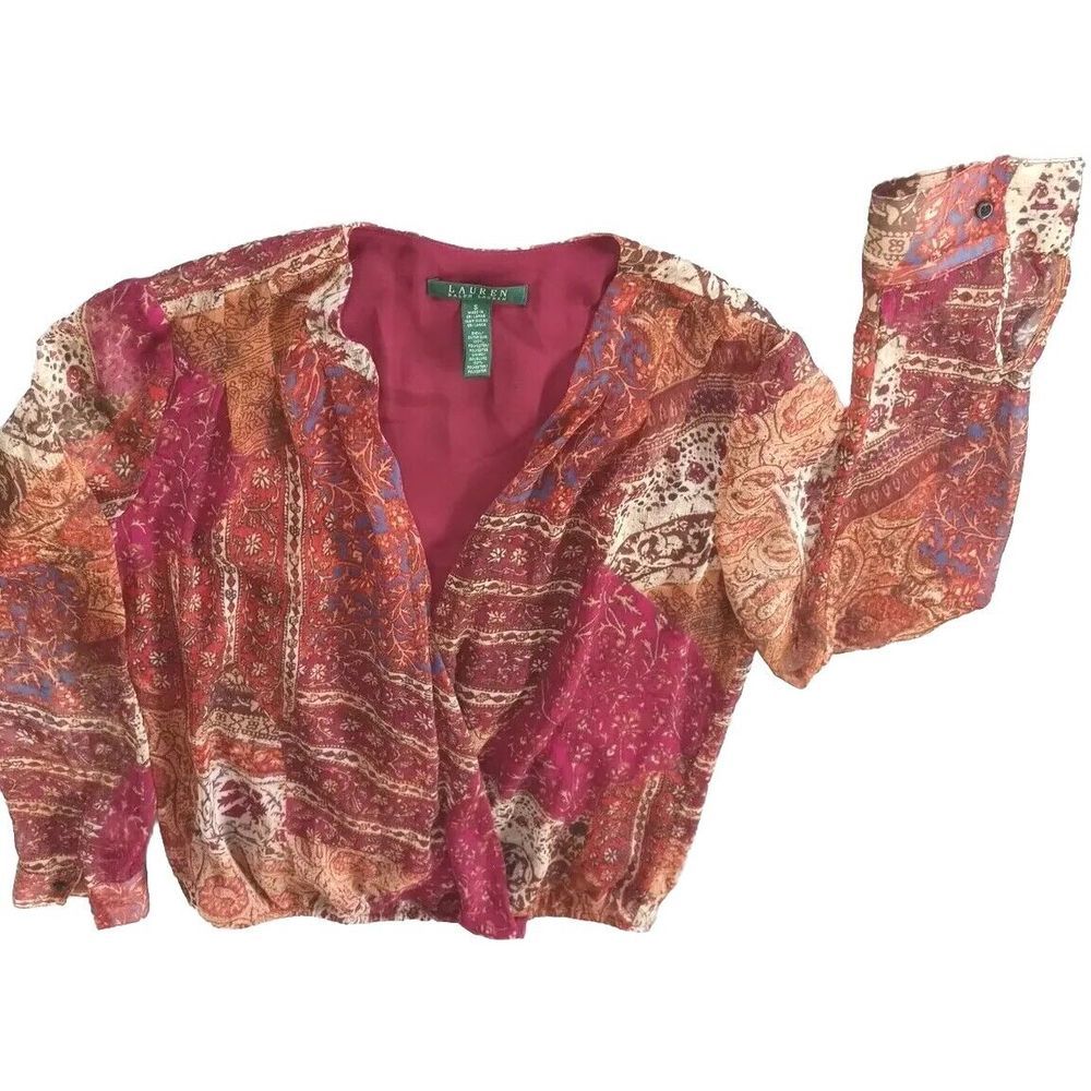 Lauren Ralph Women Long-sleeve Paisley‎ Pleated Blouse Stretch Waist Polyester